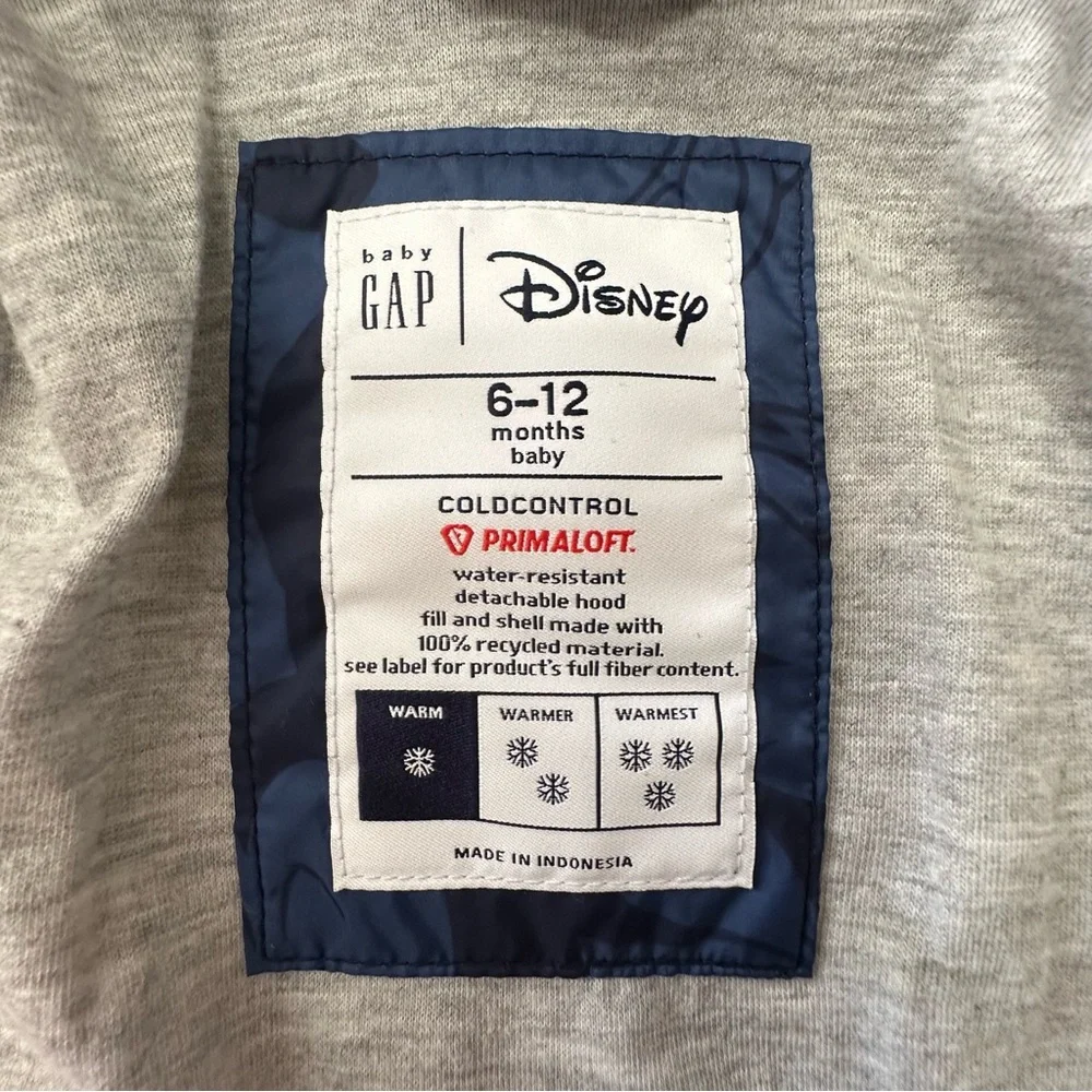 GAP Baby Disney Mickey Mouse Puffer Jacket 6-12M Blue Hooded Coat